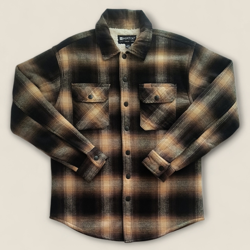Matix Cliff Flannel Sherpa Lined Plaid Brown Tan & Black Shirt Jacket Size Small